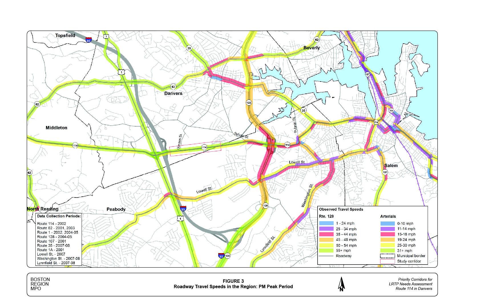 Figure 3 shows the average travel speeds in the PM peak period on Route 114 and other major roadways in the region.